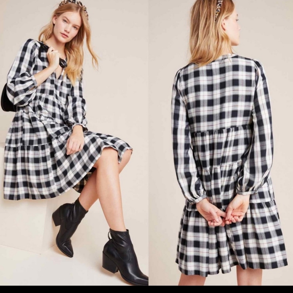 Anthroplogie Maeve Amber Plaid Tiered Tunic Sz M